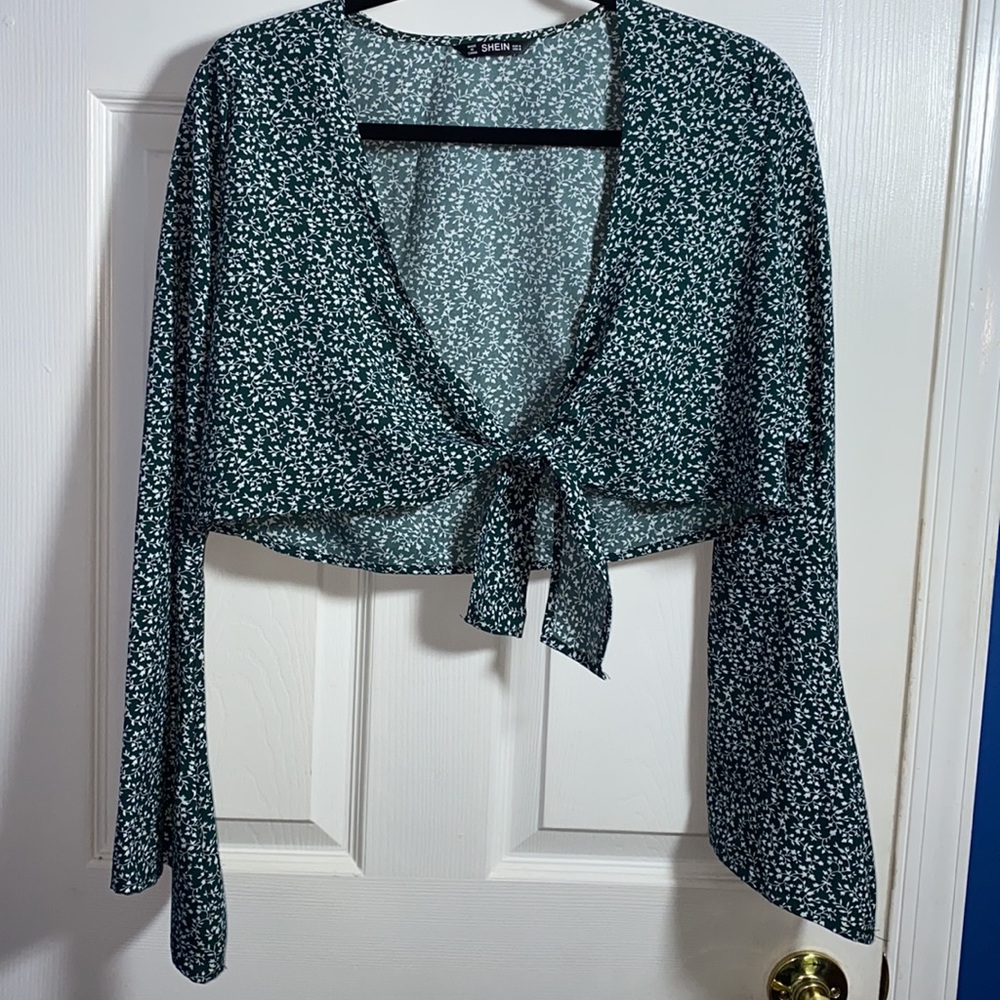SHEIN Floral Print Tie Front Cropped Cardigan Long Sleeve Shrug Top Green Medium